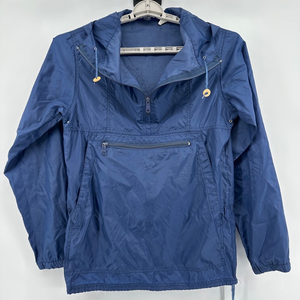VTG Lands End Hooded Windbreaker Anorak Navy Blue Made in British Hong Kong READ